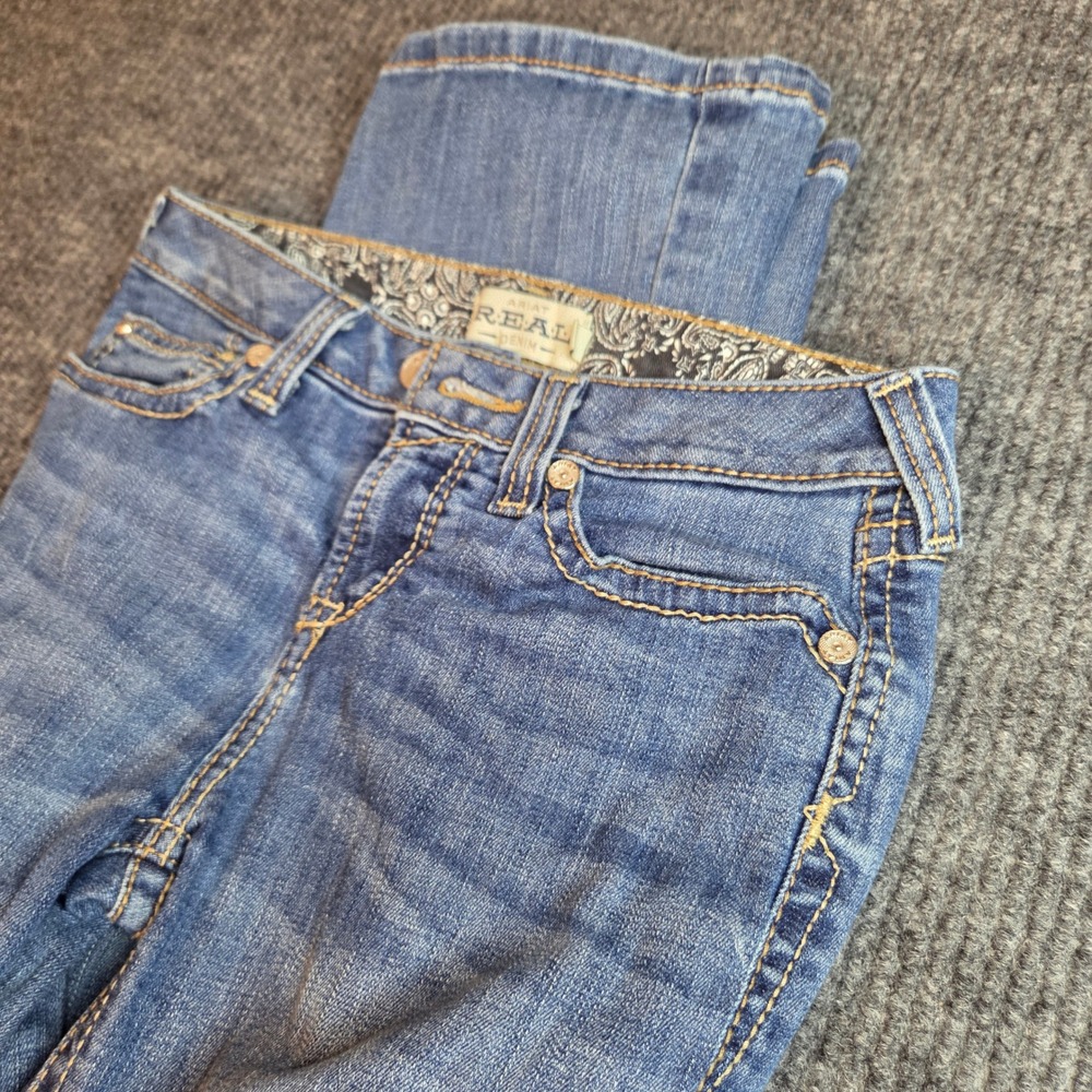 Ariat REAL Denim Womens 14 Medium Wash Bootcut Stretch Jeans Blue Paisley Trim - Picture 1 of 8
